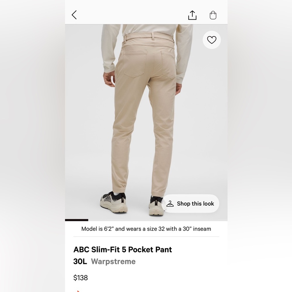 34x30 Lululemon ABC Slim-Fit 5 Pocket Pants – 30L (Warpstreme) tan